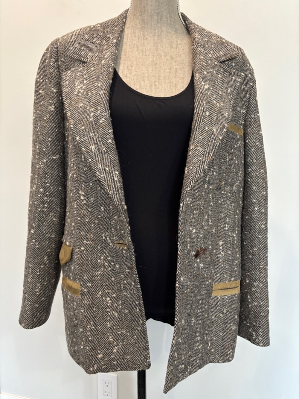 Alan Cherry Herringbone Tweed Blazer Suede Trim Wool Jacket Size 46 - Picture 8 of 15